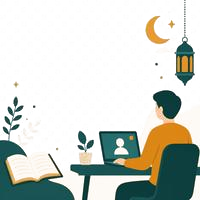 Illustration of a tutor at a desk with a laptop, ready for an online class
