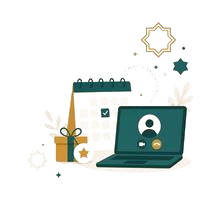 Illustration representing booking a free trial class: a calendar, a video call and a gift icon