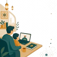 Illustration of a parent and child attending an online Quran class together